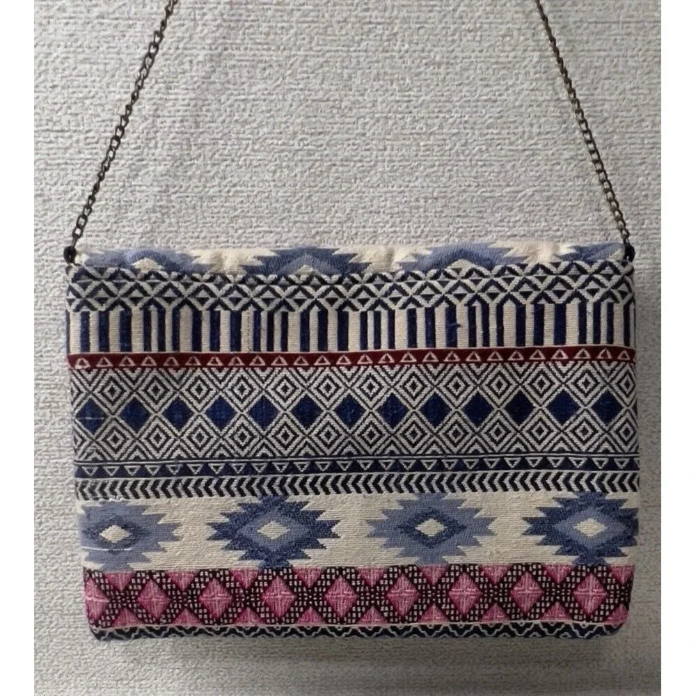 Francesca Biondi Clutch Purse Southwest Design Pink‎ Blue Fabric Crossbody